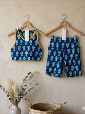 Rhode Activewear Cobalt Floral Bra & Bike Short Set Large NWT